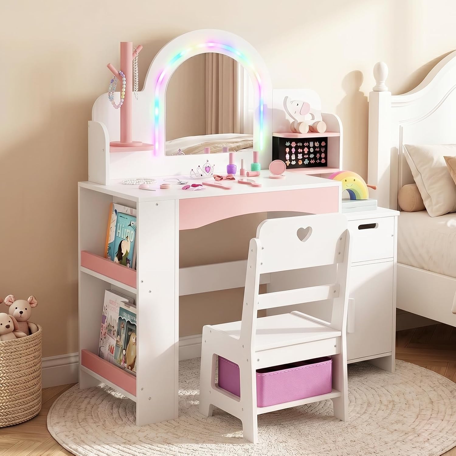 INFANS Kids Vanity with Lights, Princess Makeup Desk with Mirror, Jewelry Hanger, Fabric Drawers, Toddler Table and Chair Set Pretend Play for Girls