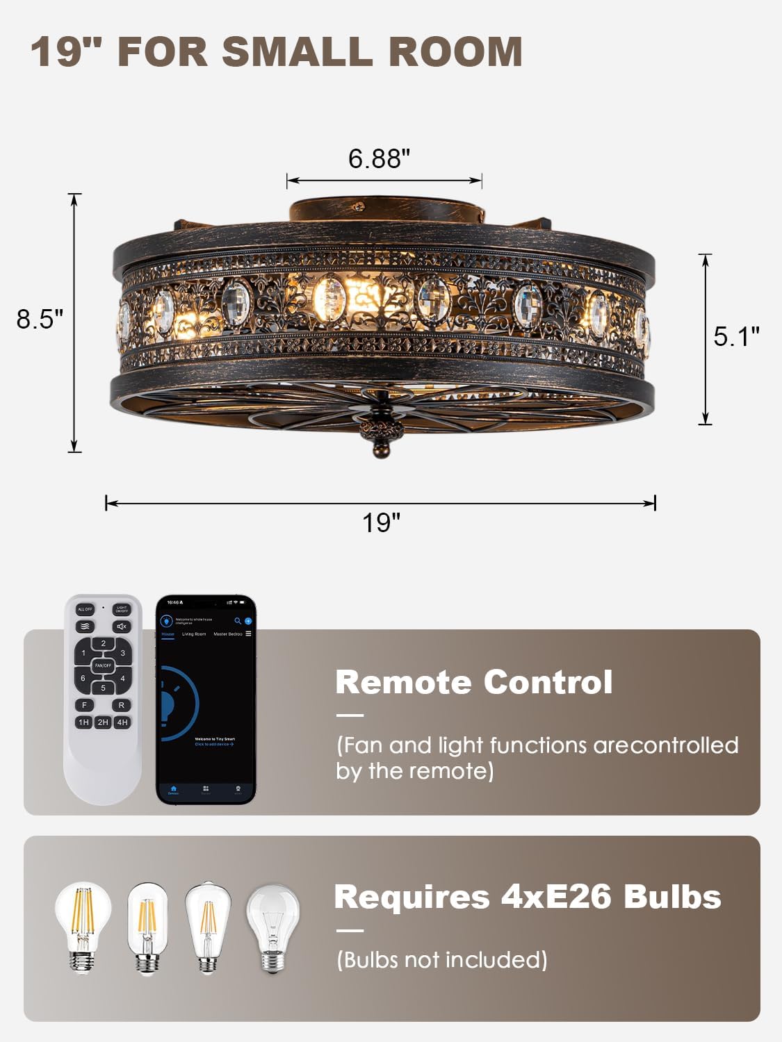Bella Depot Caged Ceiling Fans with Lights,Vintage Victorian Rustic Crystal Fandelier,Low Profile Flush Mount, Farmhouse Ceiling Fan with Light and Remote for Bedroom,Kitchen,Dining Room