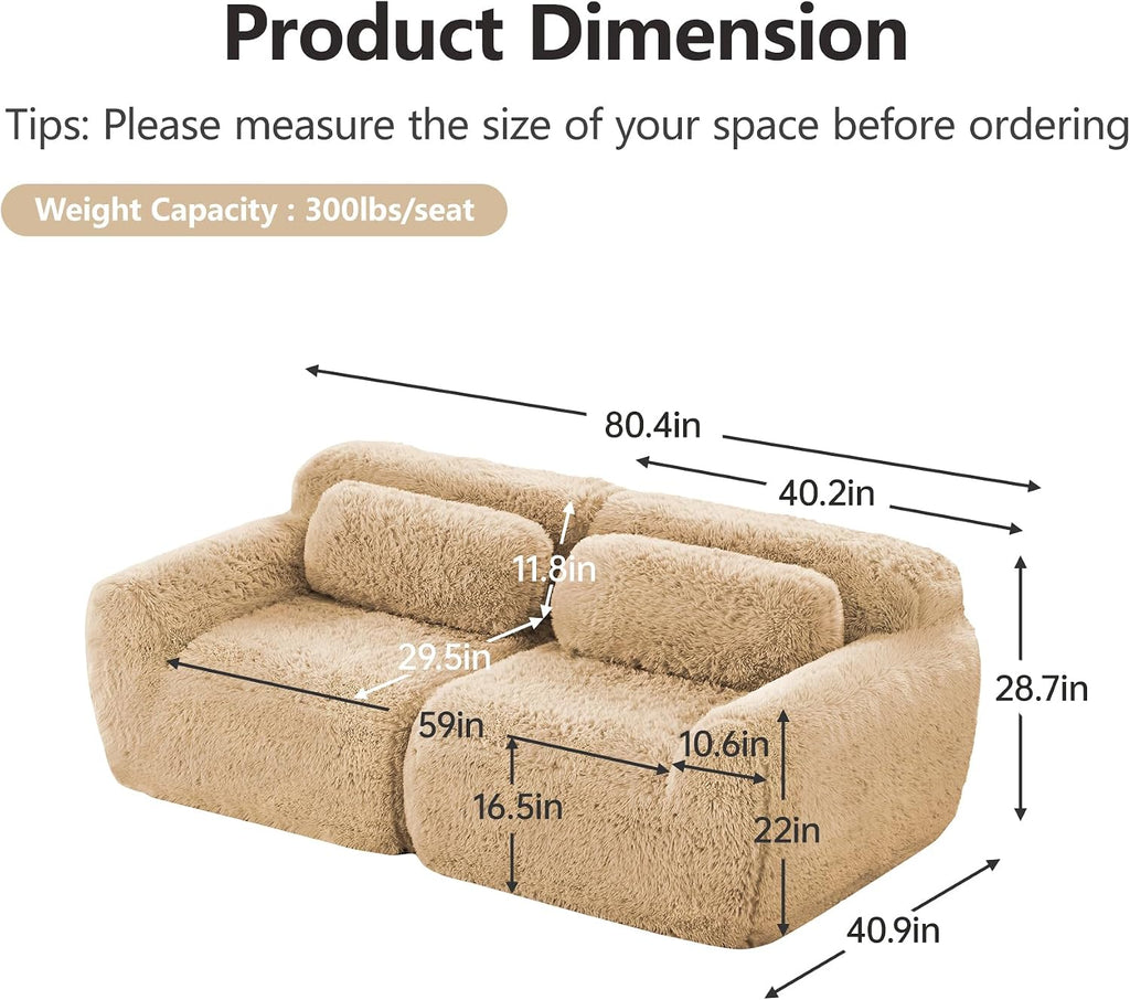 80-Inch Boneless Love Seat Couches in a Box, 2 Seat Modular Foam Cloud Sofa Floor Compressed Loveseat Couch W/Angle Armrests for Home Apartments Bedroom Living Room