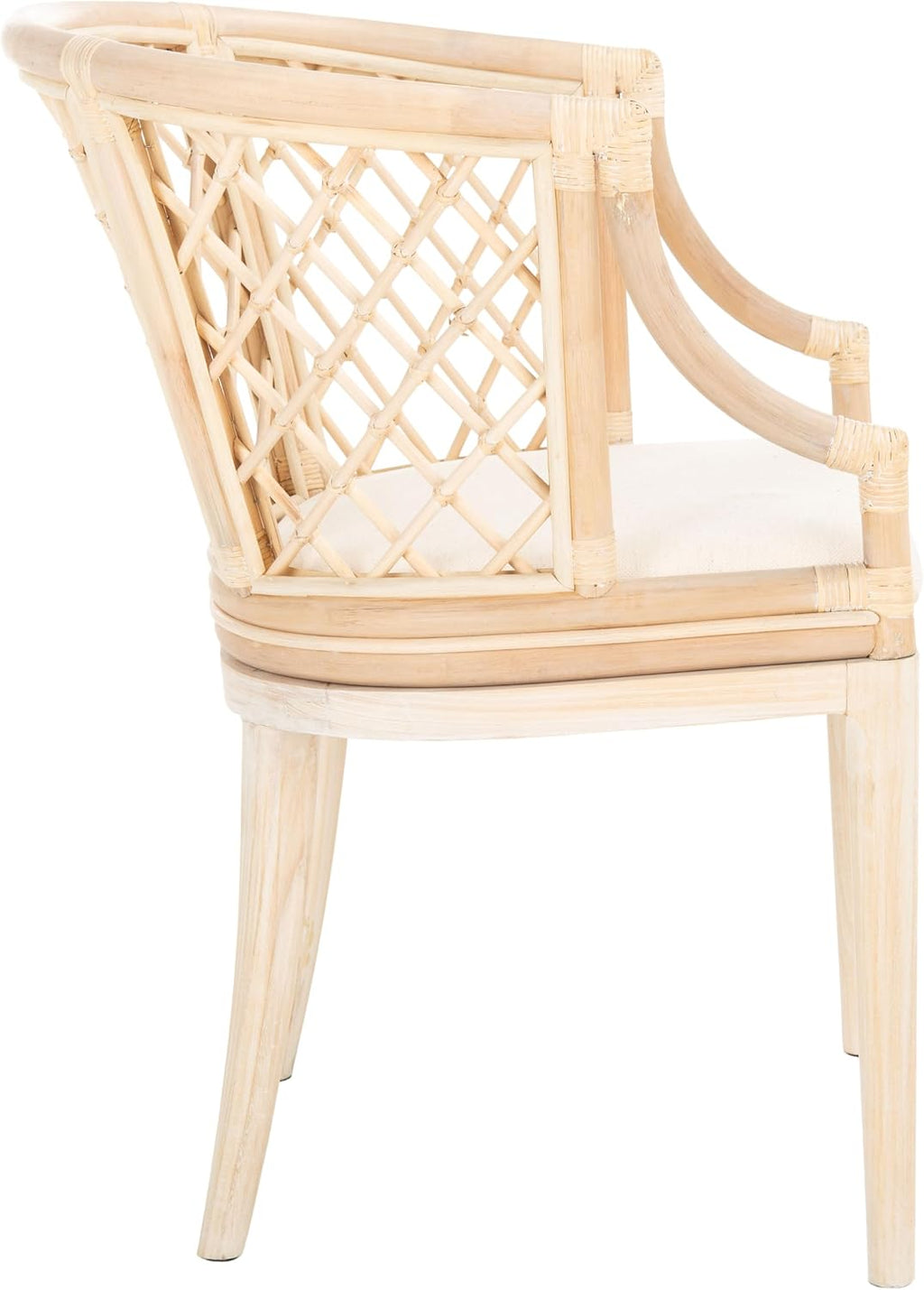 SAFAVIEH Home Collection – Carlotta Natural Rattan Arm Chair with White Cotton Cushion, Coastal Bistro Accent Chair for Dining, Living Room, Bedroom or Office (SEA4013B)