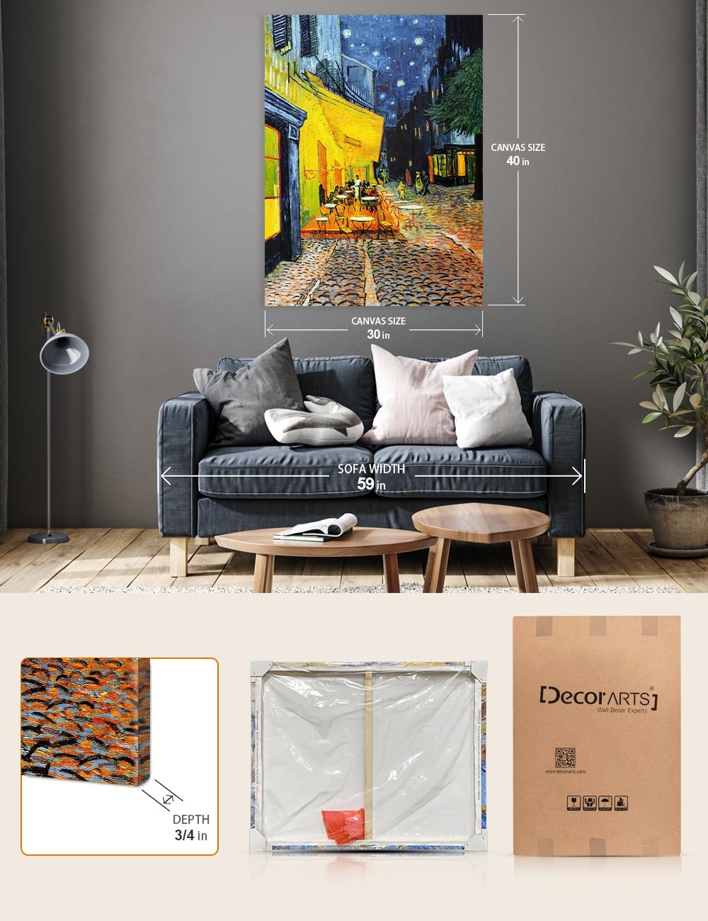 DECORARTS - Vincent Van Gogh Cafe Terrace at Night Large Canvas Art Giclee Print Gallery Wrapped Wall Art For Living Room Decor 30x40, Made In USA