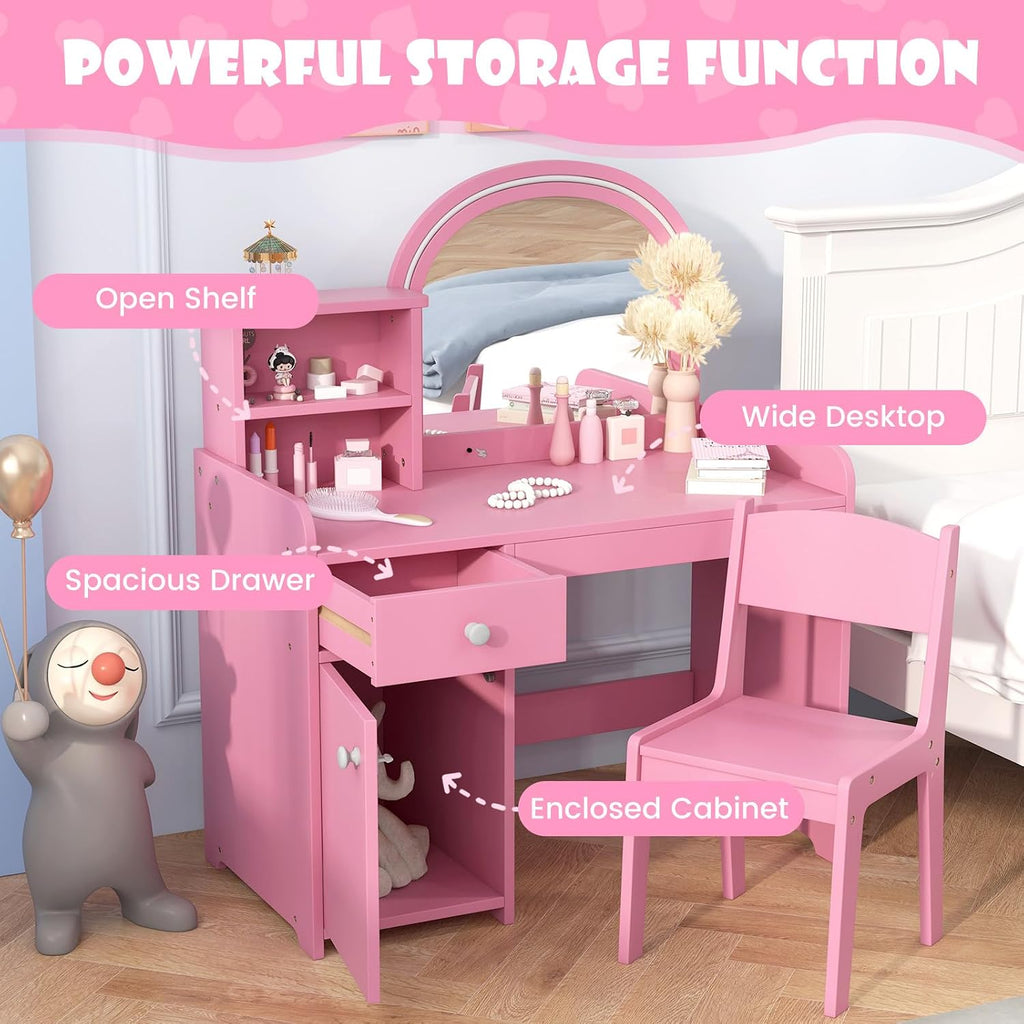 INFANS Kids Vanity, Princess Makeup Desk and Chair Set with Lights Mirror Drawer Storage Shelves, Wooden Dressing Table, Pretend Play Vanity Set for Girls