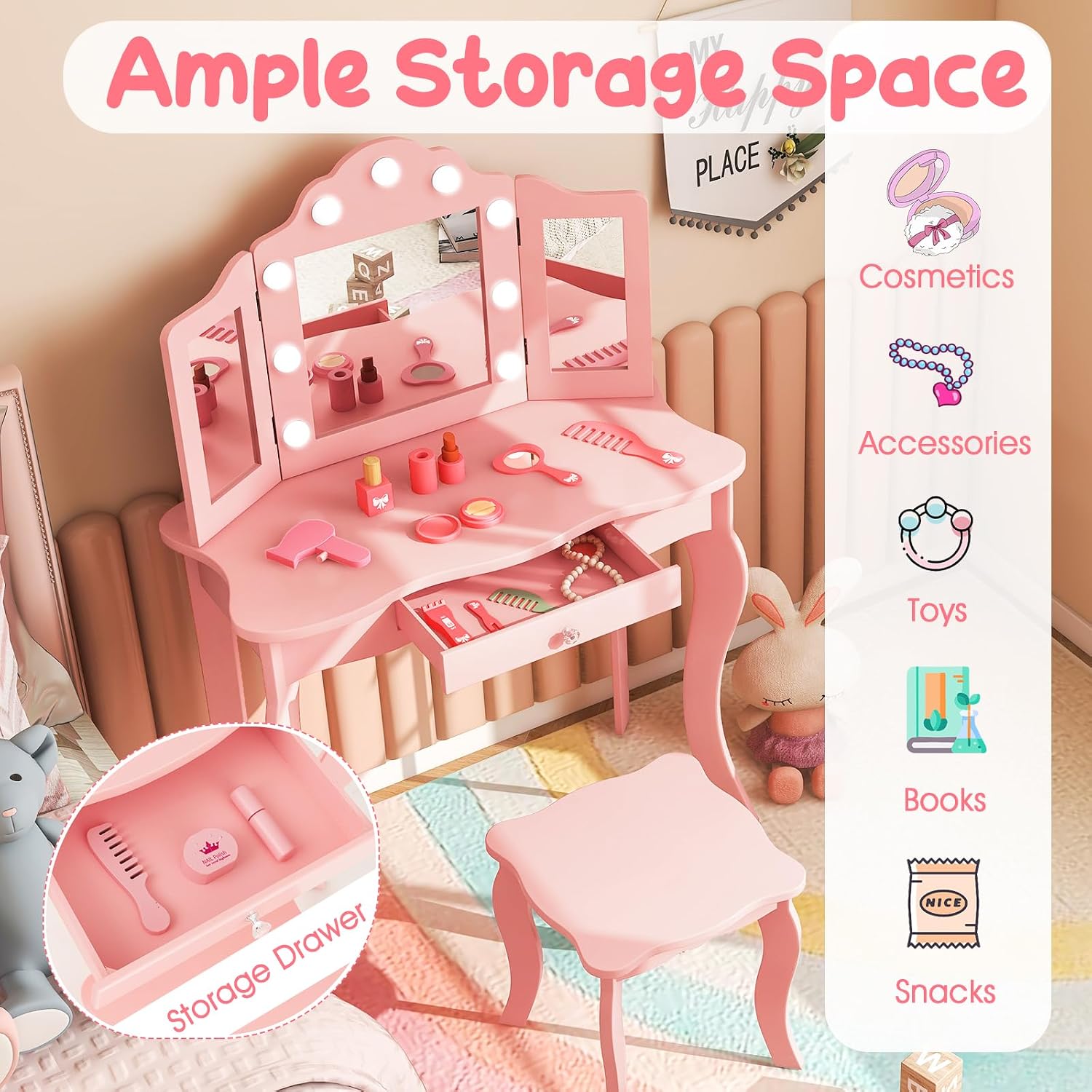 HONEY JOY Kids Vanity Set with Lighted Mirror, 2 in 1 Princess Toddler Dressing Table w/Tri-Fold Mirror & Drawer, Wooden Makeup Table & Chair Set, Pretend Play Vanity Set for Little Girls (Pink)