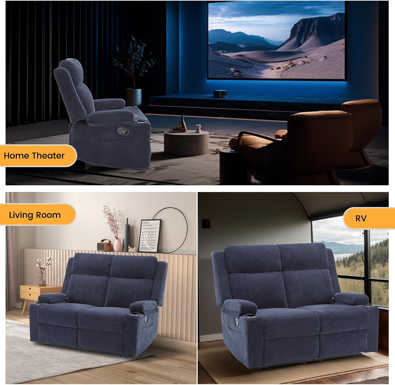 Loveseat Recliner, Double Recliner Loveseat with Adjustable Footrest & Cup Holder, Wall Hugger Recliner for Living Room & Home Theater & RV(Blue)