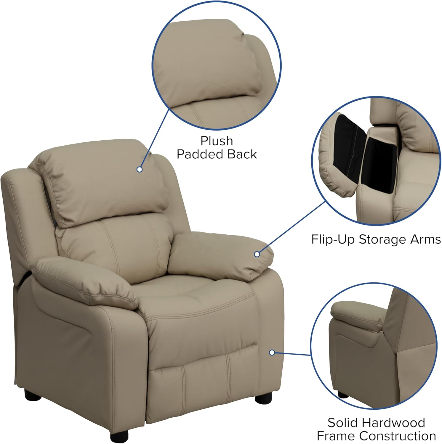 Flash Furniture Charlie Vinyl Kids Recliner with Flip-Up Storage Arms and Safety Recline, Contemporary Reclining Chair for Kids, Supports up to 90 lbs., Beige