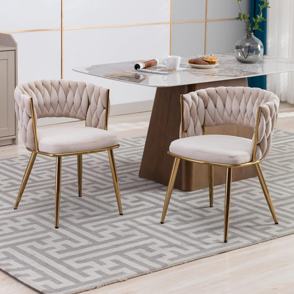 KCC Modern Velvet Dining Chairs Set of 4, Upholstered Living Room Chair with Woven Back and Golden Metal Legs, Mid-Century Accent Side Chair for Dining Room, Kitchen, Beige