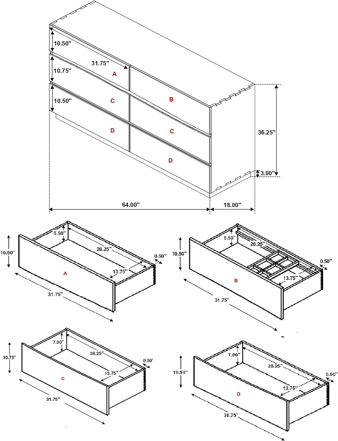 Coaster Home Furnishings - Winslow - Engineered Wood - 6-Drawer Dresser with Farmhouse Style, Rectangular Structure, Floating Base and Finger-Tip Drawer Pulls - Bedroom - Smokey Walnut - 223253