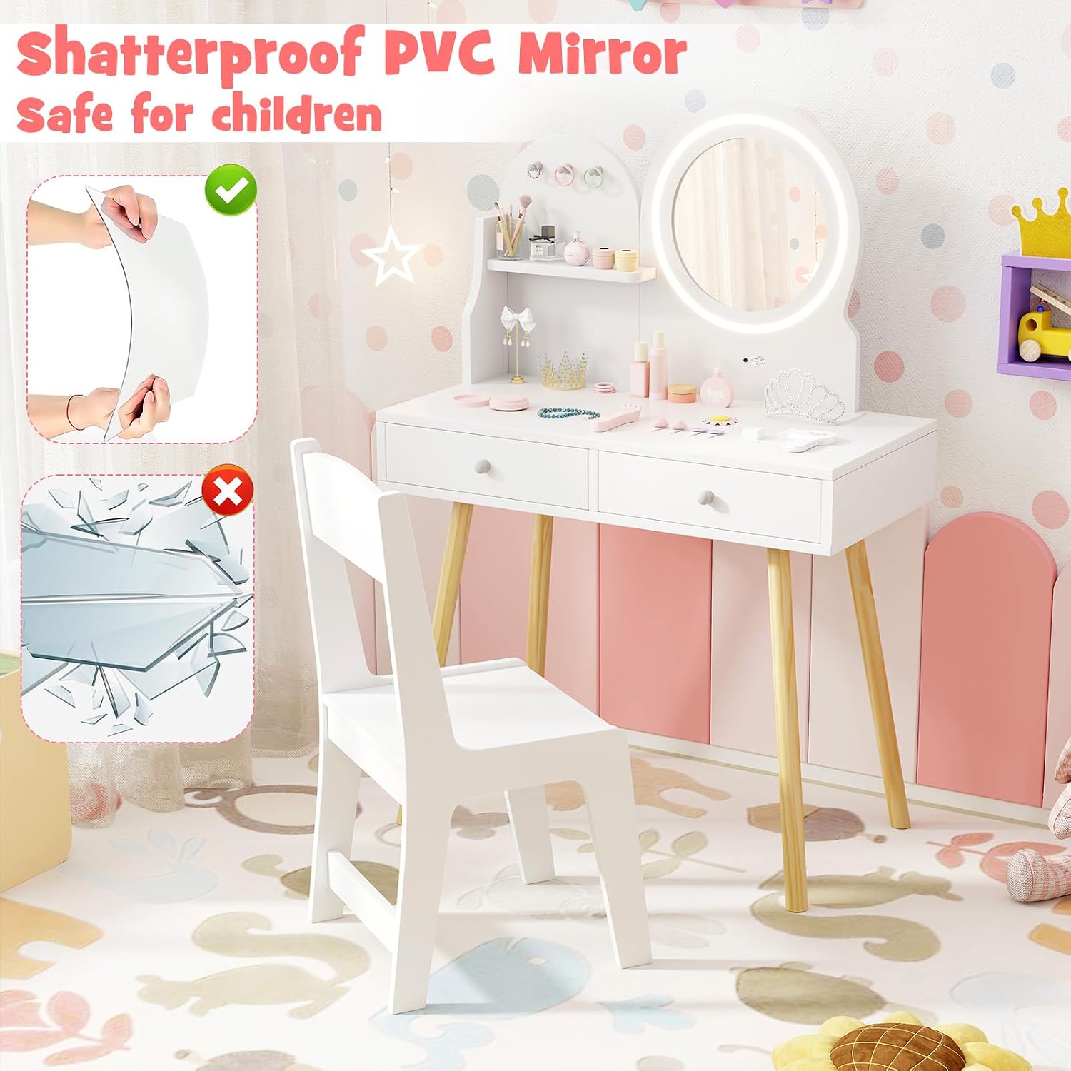 HONEY JOY Kids Vanity, Little Girls Vanity Set with Mirror and Stool and Lights, Drawers, Toddler Makeup Vanity Dressing Table, Wooden Pretend Play Kids Vanity Table and Chair Set (White)