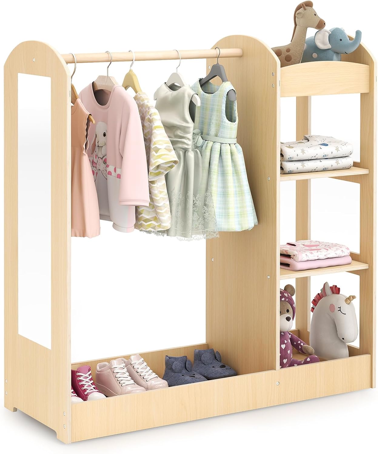HONEY JOY Kids Dress up Storage with Mirror, Wooden Children Costume Wardrobe Closet, Open Hanging Toddler Armoire, Pretend Play Baby Dresser for Bedroom Playroom, Gift for 2+ Years Old (Natural)