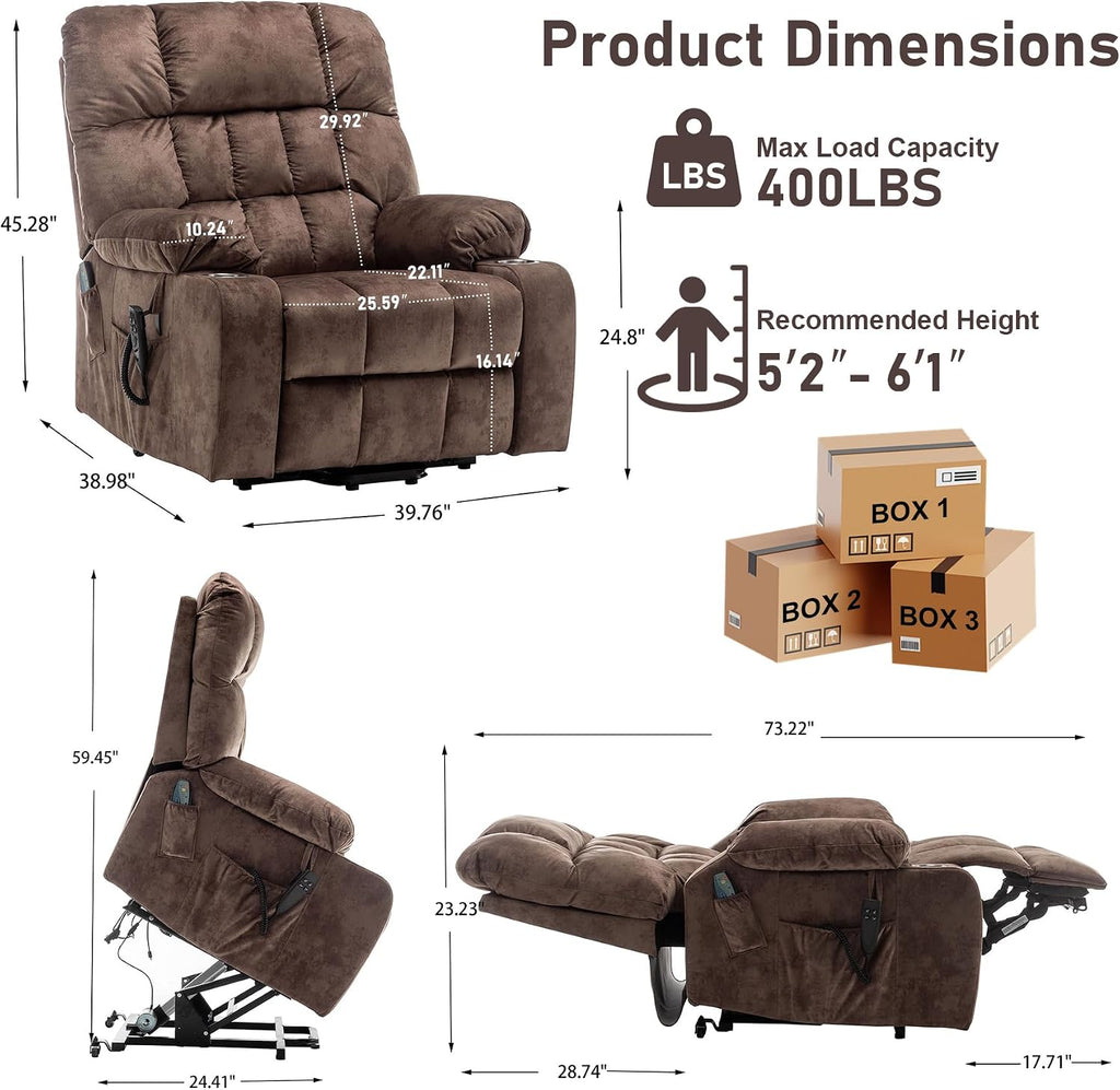 Oversized Power Recliner Chair for Big and Tall 400 LBS, 25.5' Extra Wide Electric Lift Chair with Heat and Massage, Dual Motor 180° Lay Flat Recliner Living Room Sofa, Velvet Big Lift Recliner