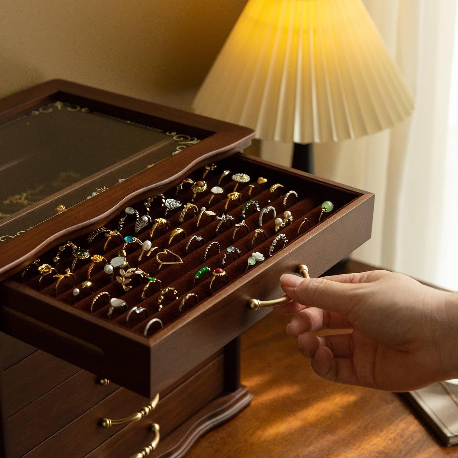 Kinsuite Black Walnet Jewelry Box with Glass Top & 6 Drawers - Handcrafted Vintage Organizer, Gold Hardware, for Necklaces, Rings, Watches - Elegant Display & Storage Chest for Women