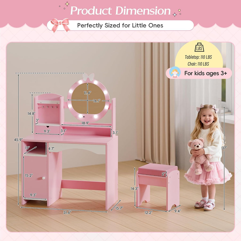 TOLEAD Kids Vanity, Girls Vanity Set with Mirror and Stool and Lights, Toddler Vanity Table and Chair Set with Jewelry Storage, Wooden Princess Makeup Desk Dressing Table for Girls, Pink