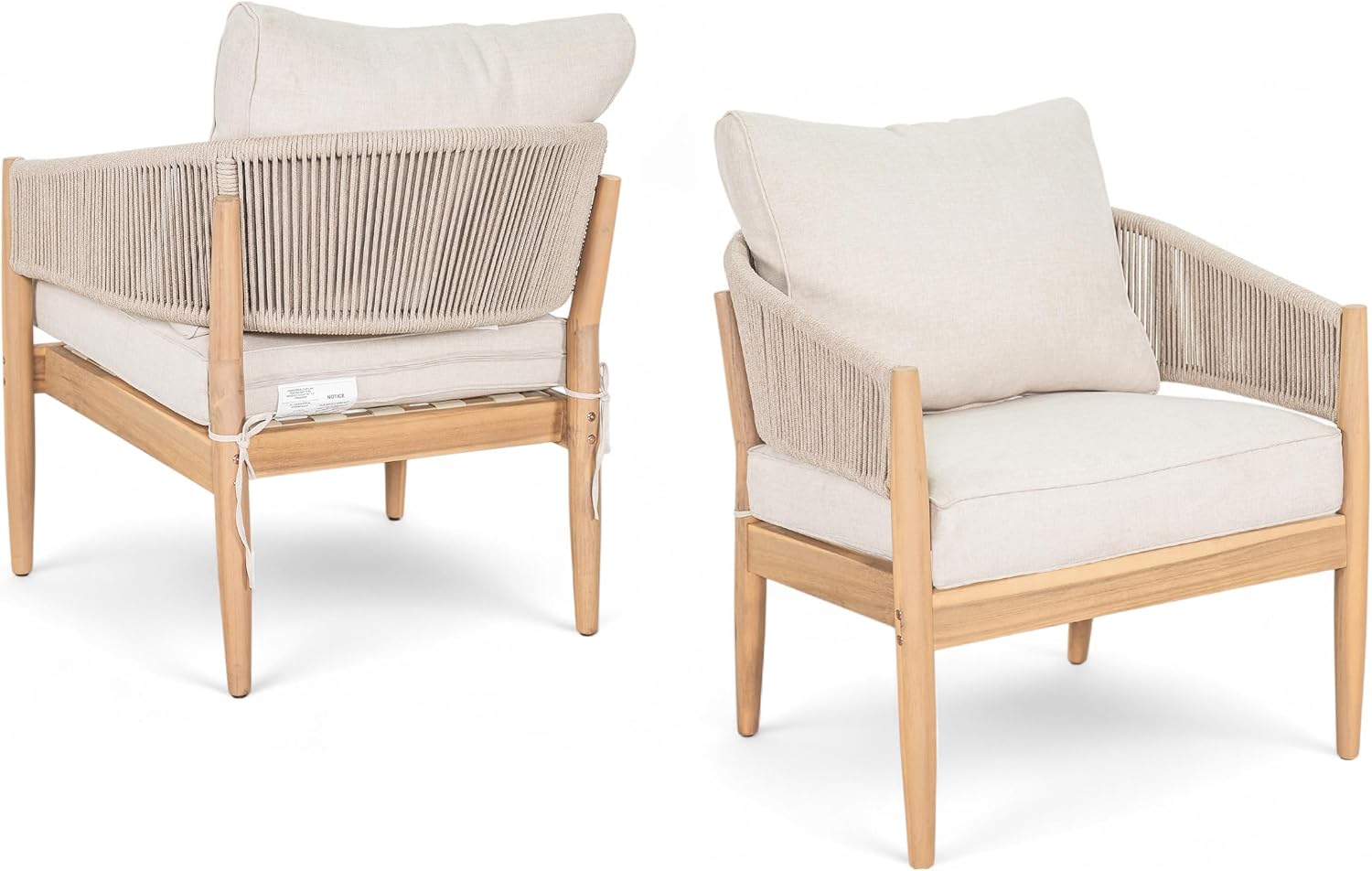 Christopher Knight Home Naomi Set of 2 Patio Acacia Wood Club Chair with Cushion, Handwoven Rope Lounge Chair Outdoor for Porch/Backyard, Stylish Garden Seating with Curved Backrest, Beige+Light Brown