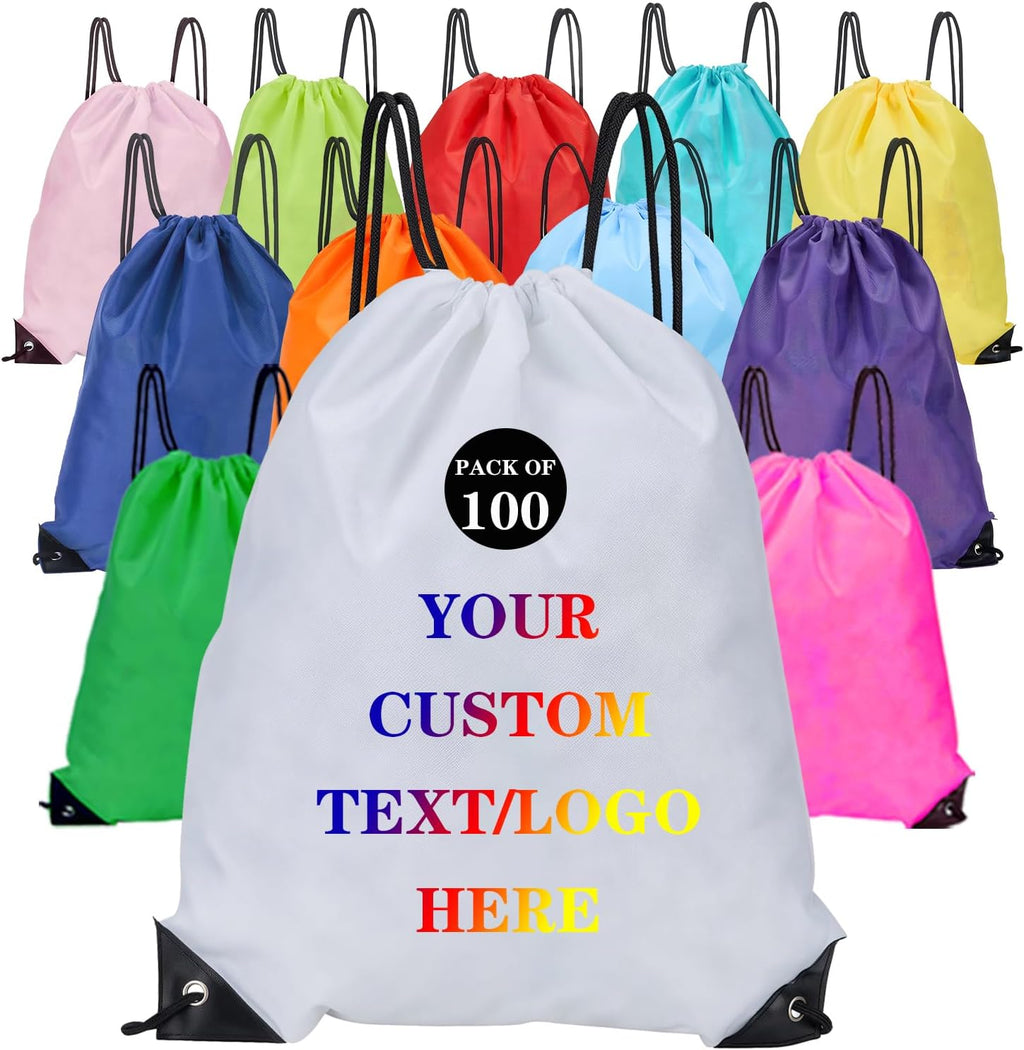 Custom Bags With Your Logo Set of 100 Custom Backpack Draw String Bags Pack Bulk for Travelling Swimming Gym Everyday Use (White)