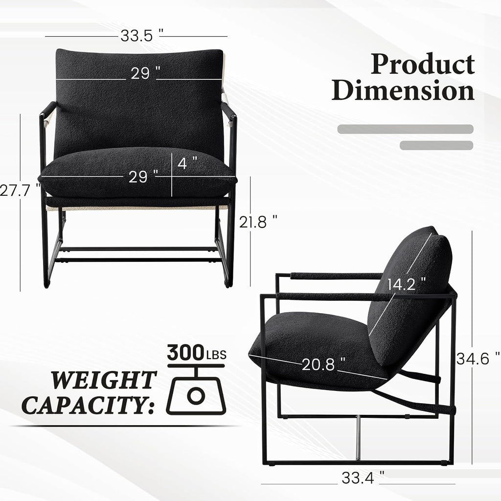 Furnilivng Large Sling Accent Chair, Comfortable Boucle Fabric Arm Chair, Upholstered Cozy Reading Chair for Living Room, Bedroom, Dressing Room, Home Office (Black, Set of 2)