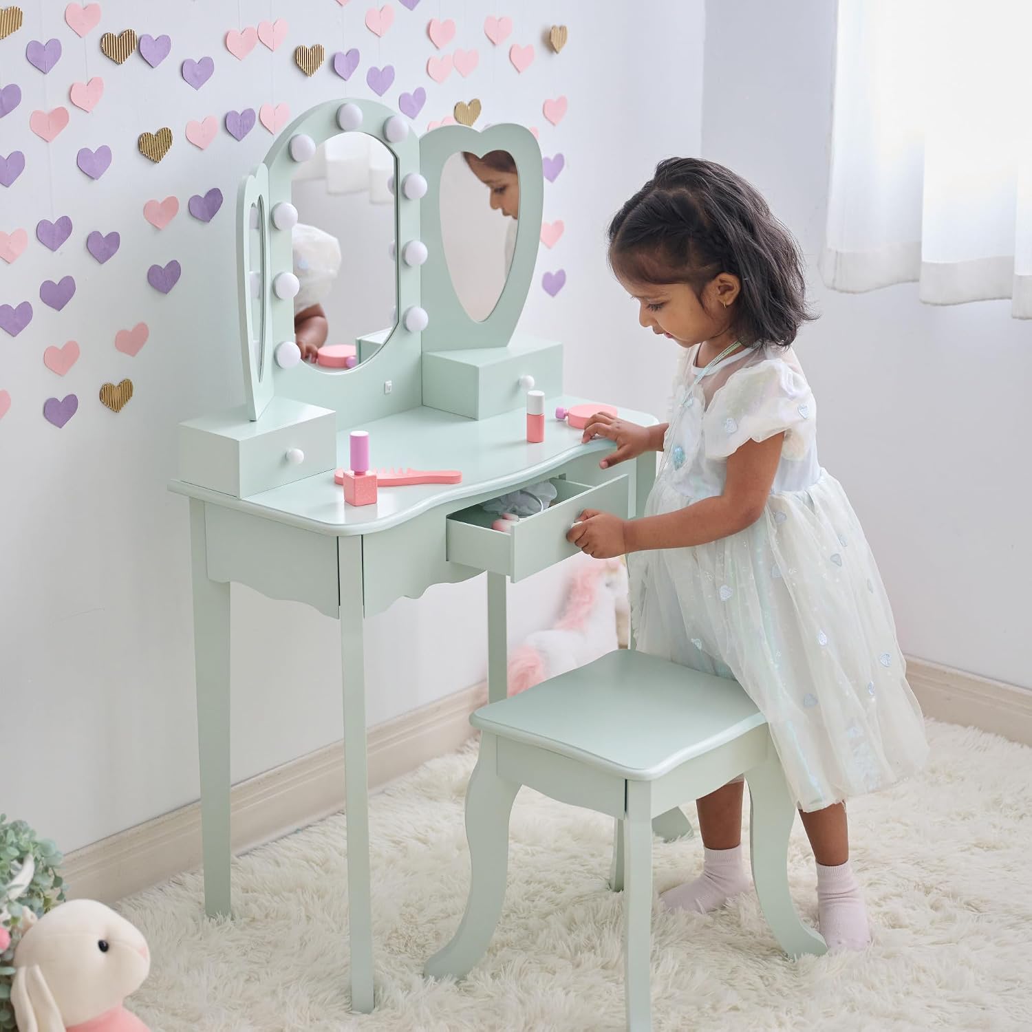 Teamson Kids Heart Glow Makeup Kids Vanity Set with Heart Shape LED Light-Up Mirror, Matching Stool and Storage Drawers, Pretend Makeup Play Table for Toddlers and Girls 3+ Years Old, Sage Green