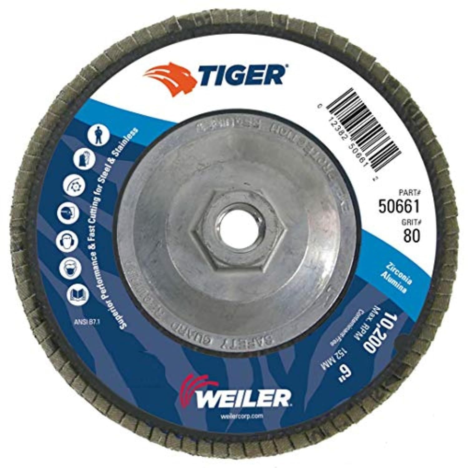 Weiler 50661 Tiger 5/8'-11 Arbor, 6' Diameter, 80 Grit, Zirconium, Phenolic Backing, Angled Abrasive Flap Disc (Pack of 10)