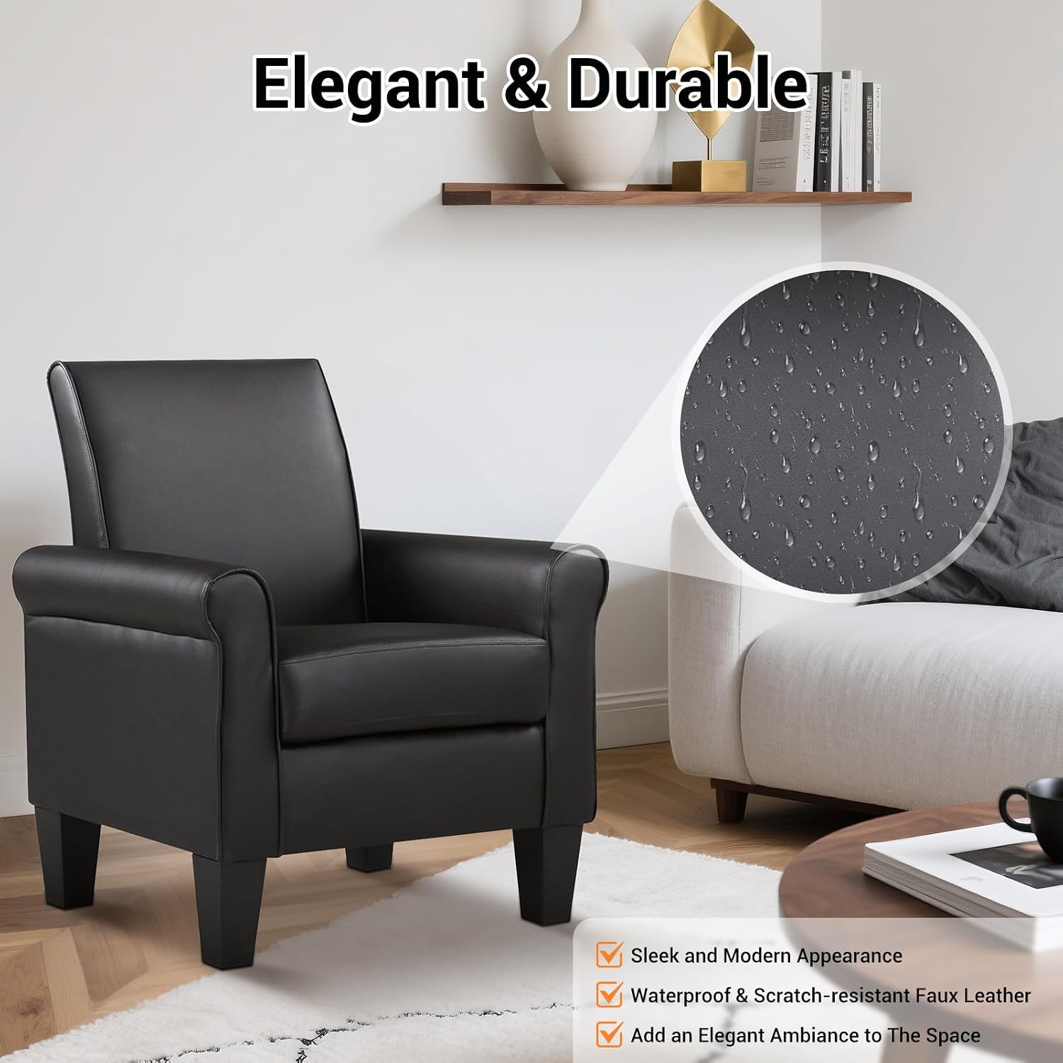 Faux Leather Accent Chair Set of 2, Mid Century Modern Living Room Chair, Upholstered Comfortable PU Leather Armchair for Bedroom, Office or Waiting Areas-Black