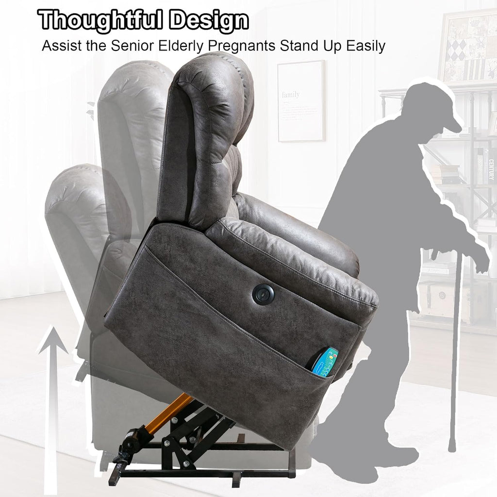 Bonzy Home Power Lift Chairs Recliner for Elderly, Electric Recliner Chair with Heat and Massage, 24' Wide Seat for Big People, Comfortable Backrest, Faux Leather, USB Charging Ports, Grey