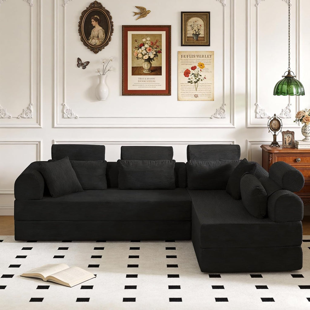 KEIKI 6-in-1 Folding Convertible High Back Sofa Sleeper, 106' Oversized Modular Sectional Corduroy Upholstered L Shape Couch for Living Room, Chaise Lounge Indoor for Modern Minimalist Family,Black
