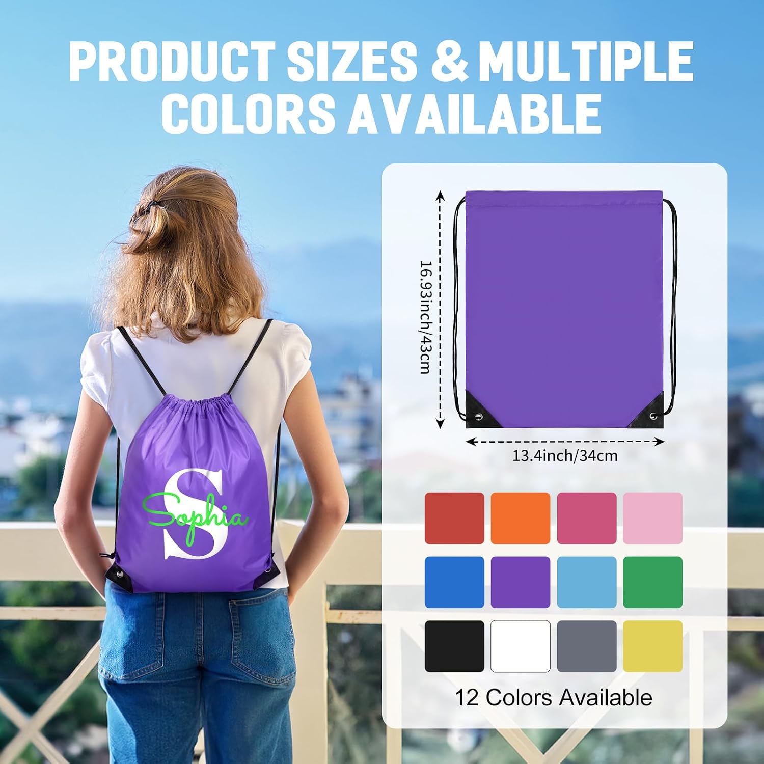 100 Pack Custom Drawstring Bags–Personalized LOGO/text Drawstring Backpack for Sports–Draw String Back Bag for Travel Beach Party Daily Use(White)