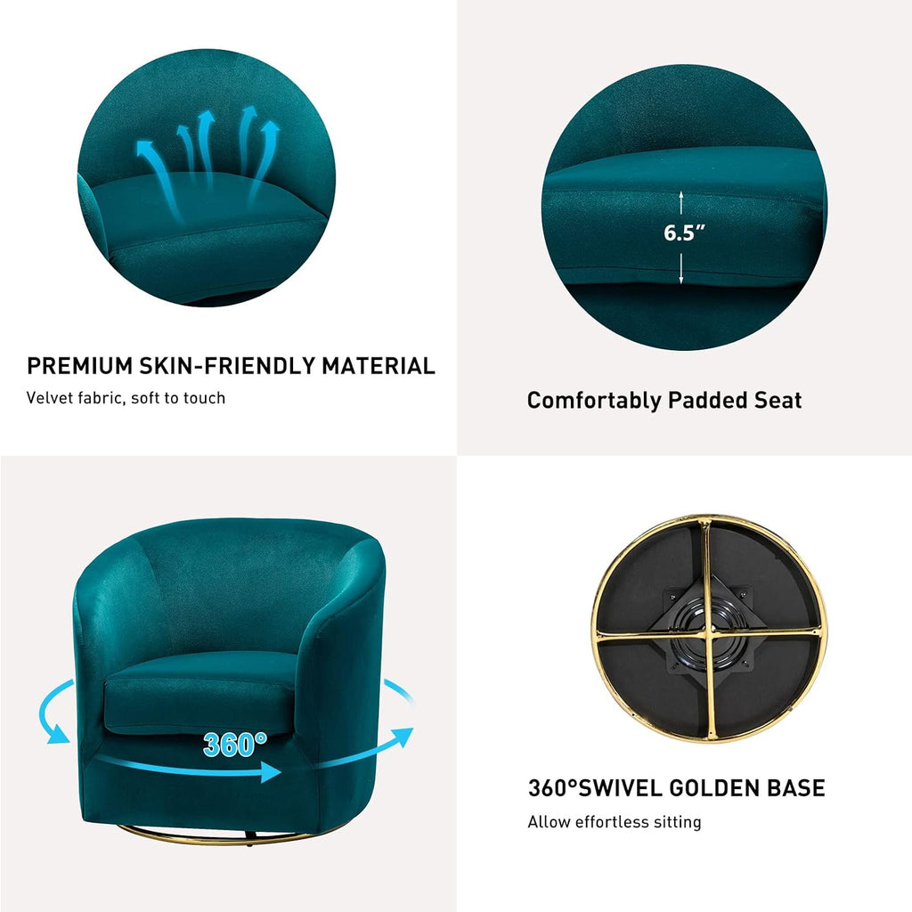 HULALA HOME Swivel Accent Chair with Gold Metal Base, Contemporary Velvet Curved Swivel Barrel Chair, Upholstered Club Armchair, Leisure Single Sofa for Living Room, Nursery, Bedroom(Teal)