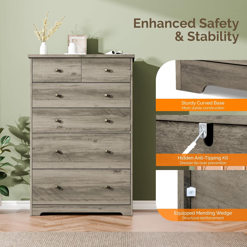 VINGLI Tall Dresser, Rustic Grey Dresser 6 Drawer Chest of Drawers, Wood Gray Dressers for Bedroom, Hallway, Home Office, 31.5' W x 15.75' D x 47.64' H