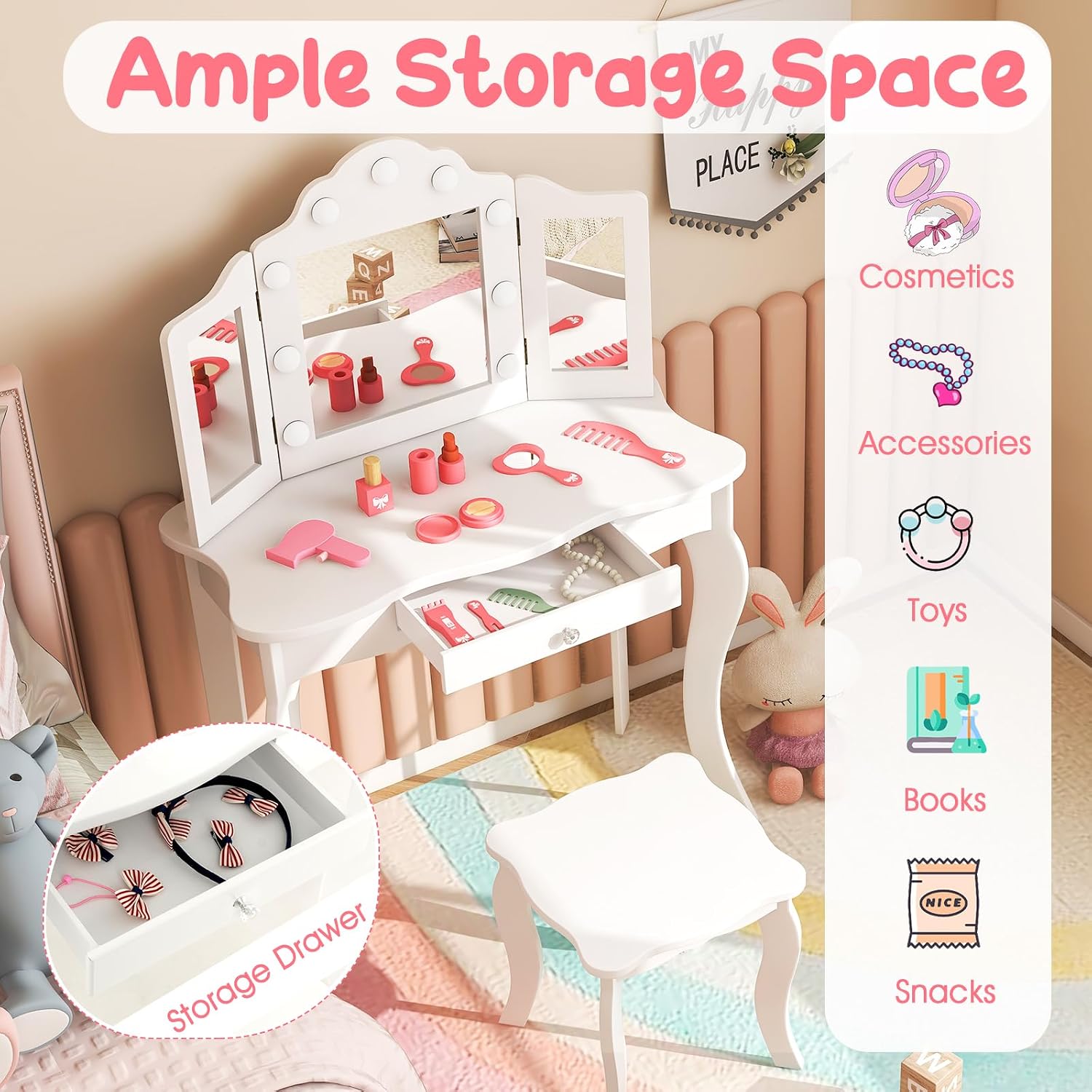 HONEY JOY Kids Vanity Set with Lighted Mirror, 2 in 1 Princess Toddler Dressing Table w/Tri-Fold Mirror & Drawer, Wooden Makeup Table & Chair Set, Pretend Play Vanity Set for Little Girls (White)