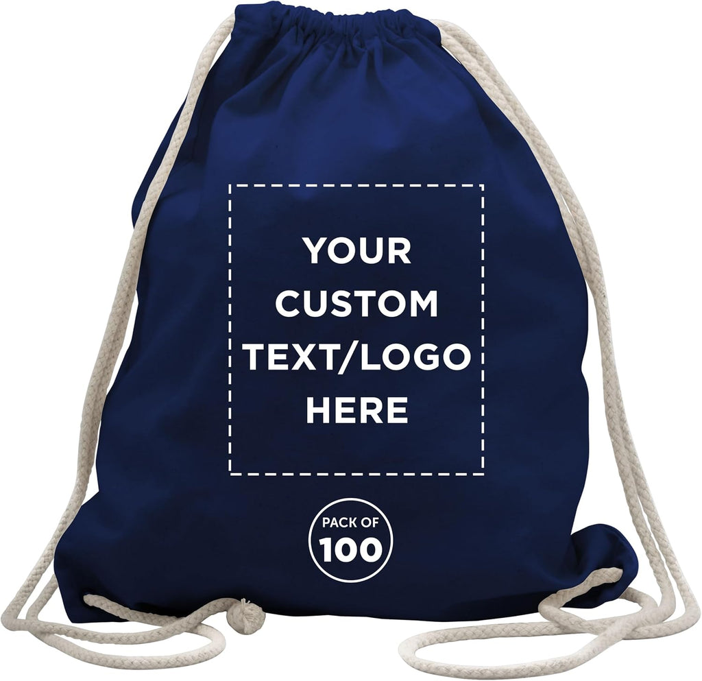 DISCOUNT PROMOS Custom Cotton Drawstring Backpacks Set of 100, Personalized Bulk Pack - Bring Everywhere You Go and For Everyday Use - Navy Blue