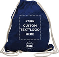 DISCOUNT PROMOS Custom Cotton Drawstring Backpacks Set of 100, Personalized Bulk Pack - Bring Everywhere You Go and For Everyday Use - Navy Blue