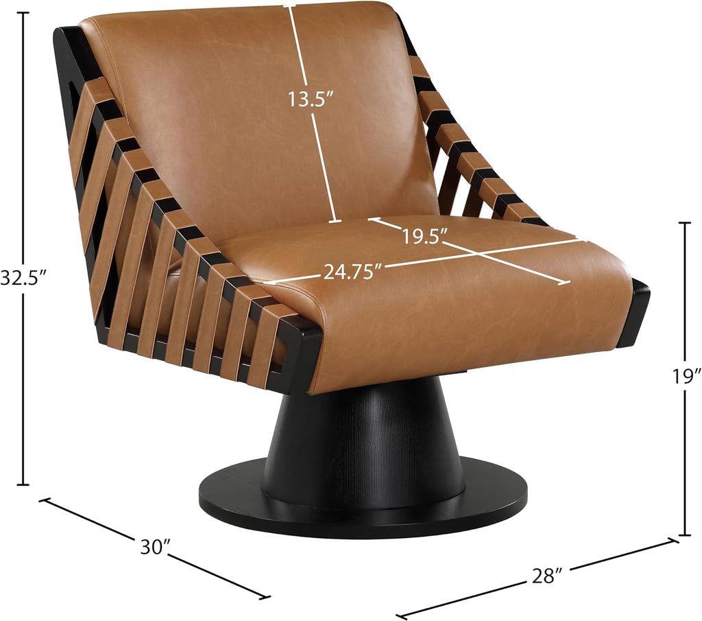 Meridian Furniture 33002Cognac Millwin Collection Art Deco Swivel Accent Chair with Rich Cognac Vegan Leather, Black Finish, Solid Wood Frame and Base, 28' W x 30' D x 32.5' H, Cognac