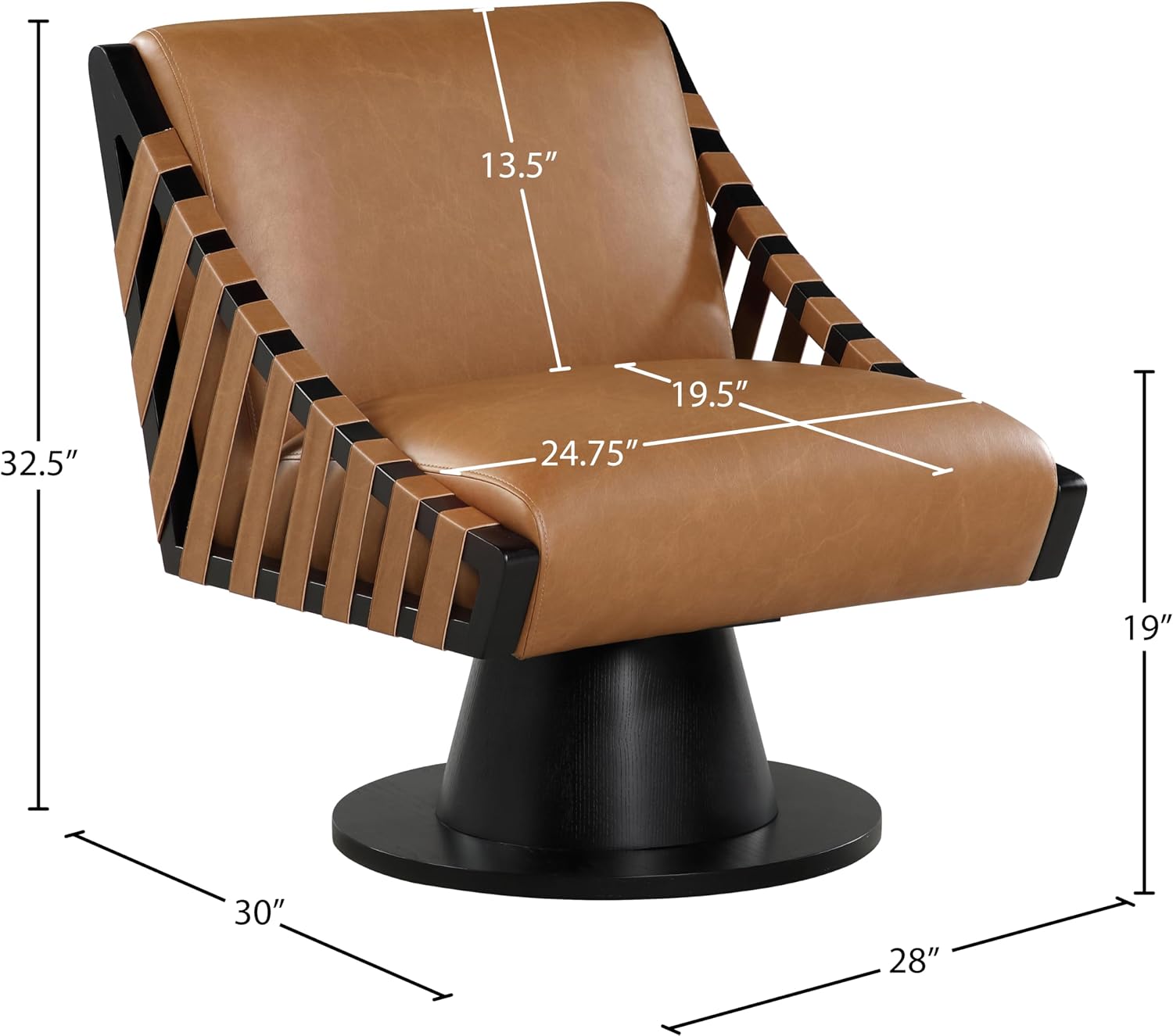 Meridian Furniture 33002Cognac Millwin Collection Art Deco Swivel Accent Chair with Rich Cognac Vegan Leather, Black Finish, Solid Wood Frame and Base, 28' W x 30' D x 32.5' H, Cognac
