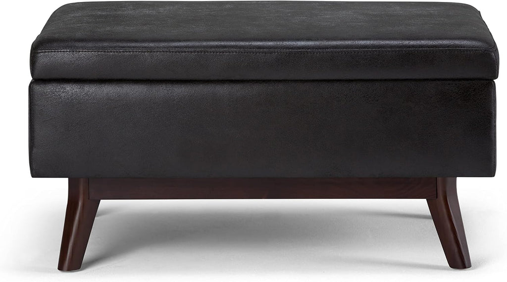 SIMPLIHOME Owen Coffee Table Storage Ottoman - 34' Wide x 19' High Upholstered Vegan Leather Rectangular Lift-Top Ottoman in Distressed Black, Mid-Century Bench for Living Room with Tapered Legs