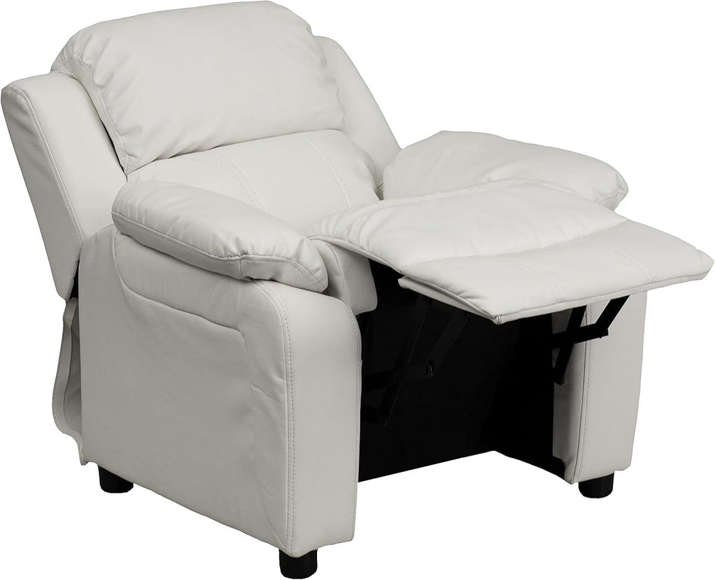 Flash Furniture Charlie Vinyl Kids Recliner with Flip-Up Storage Arms and Safety Recline, Contemporary Reclining Chair for Kids, Supports up to 90 lbs., White