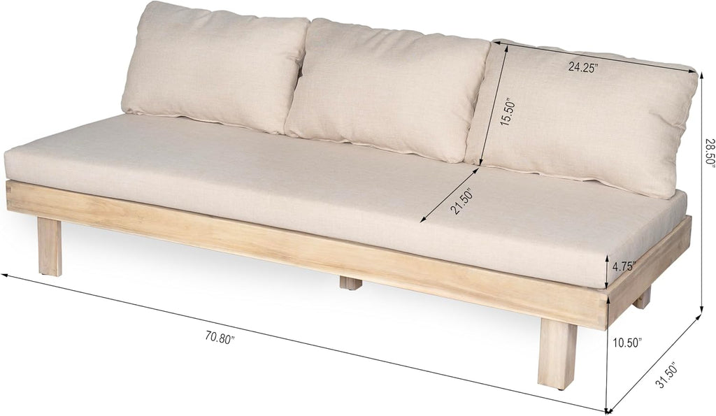 Christopher Knight Home Topia Acacia Wood Outdoor 3 Seater Sofa with Cushion, Wooden Patio Sofa Couch with Cushion, Comfy Armless Cloud Sofa Couch, Patio Furniture Sofa Set, Light Wash+Beige