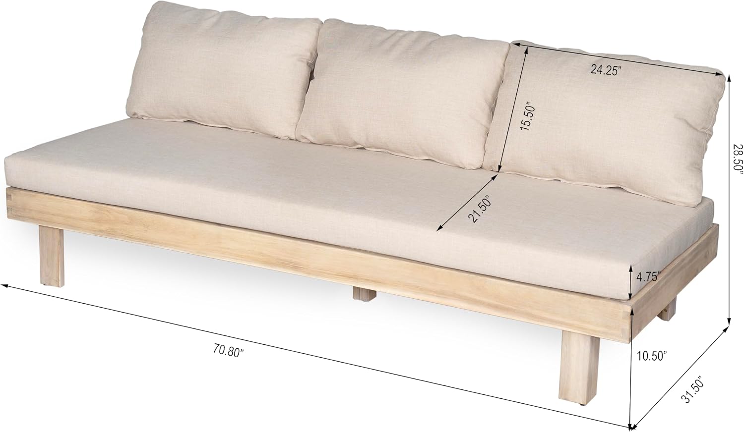 Christopher Knight Home Topia Acacia Wood Outdoor 3 Seater Sofa with Cushion, Wooden Patio Sofa Couch with Cushion, Comfy Armless Cloud Sofa Couch, Patio Furniture Sofa Set, Light Wash+Beige
