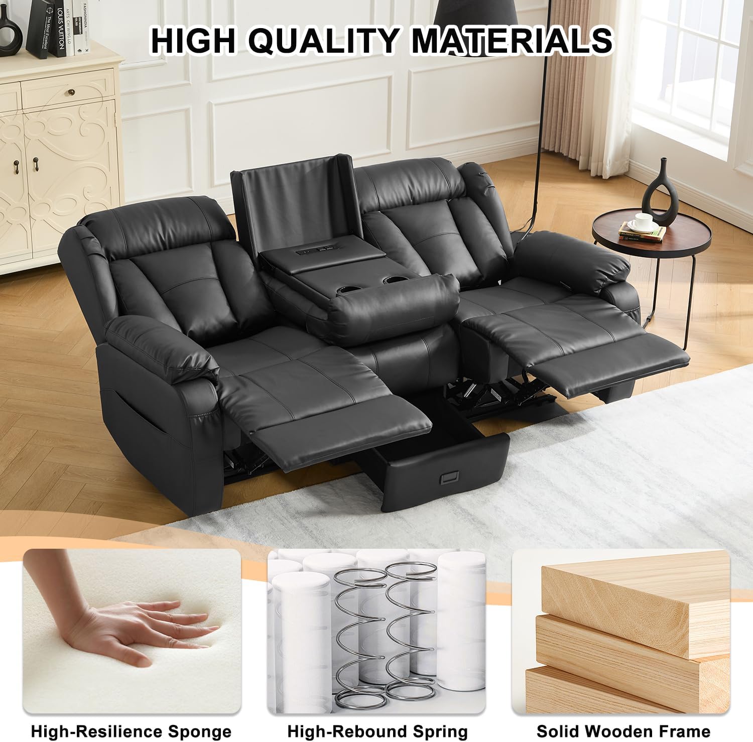 Loveseat Recliner Sofa,3 Seater RV Recliner Couch, Manual Reclining Loveseat with Console for Living Room, Home Theater Seating with AC/USB C/USB and Drawer (Black, 3 Seater)