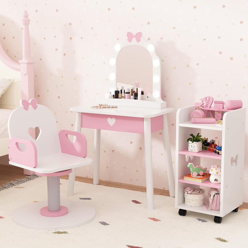 Wooden Kids Vanity Table and Chair Set with Light and Mirror, Princess Makeup Vanity Desk with Barber Chair and Rolling Cart, Pretend Hair Salon Play Set, Toddler Vanity Set for Girls, White