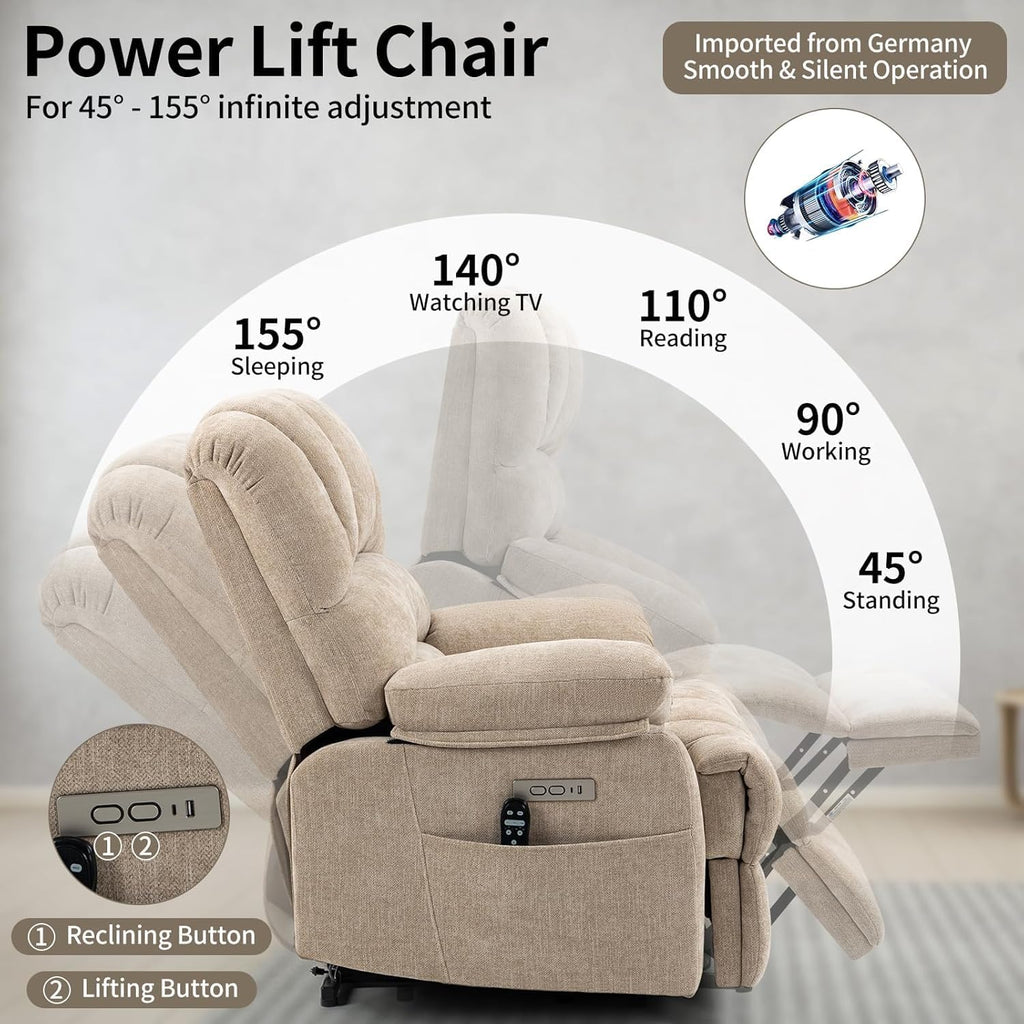 Power Recliner with Vibration Massage & Lumbar Heat, Electric Lift Chairs for Elderly, High Back Reclining Max 155 Degree with Charging Ports, Chenille Fabric Beige