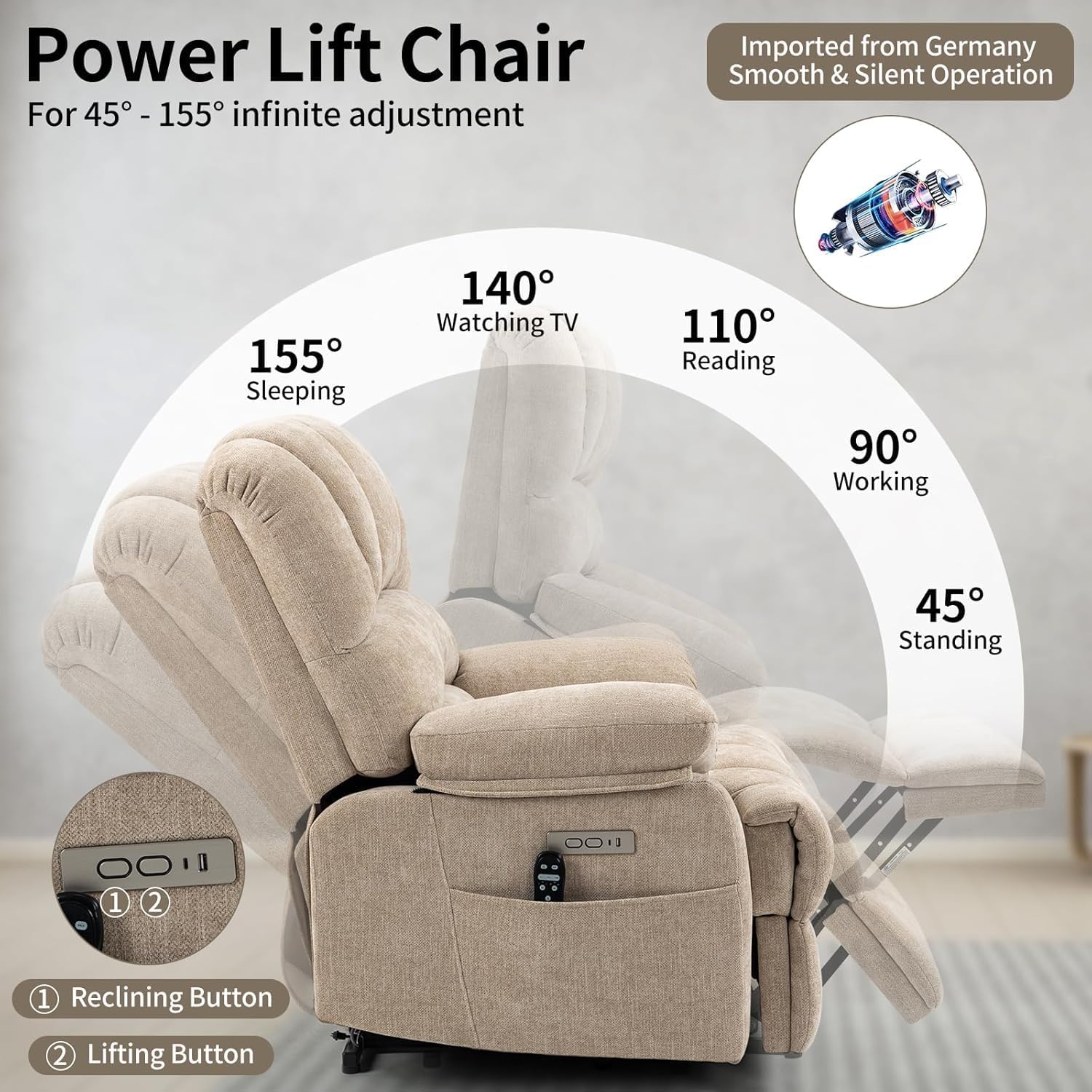 Power Recliner with Vibration Massage & Lumbar Heat, Electric Lift Chairs for Elderly, High Back Reclining Max 155 Degree with Charging Ports, Chenille Fabric Beige