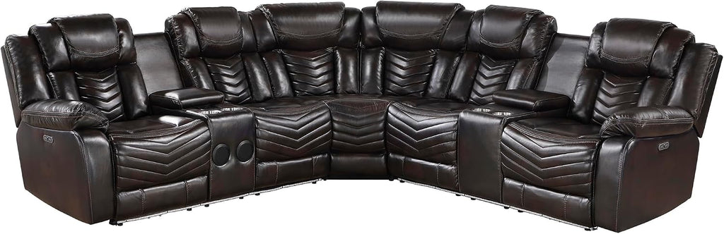 Lexicon Modern 3-Piece Power Reclining Sectional Sofa, Wall Hugger Faux Leather Sectional Couch, with Consoles, Speakers, Subwoofer and Led Lighting, for Living Room/Office/Apartment, Dark Brown