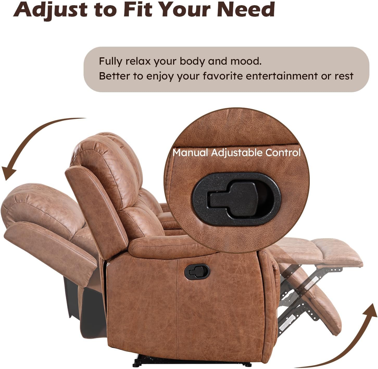 CANMOV Faux Leather Manual Reclining Sofa Furniture Set, 2 Manual Recliner Chair and 3 Seat Recliner Sofa Couch Set for Living Room,Brown