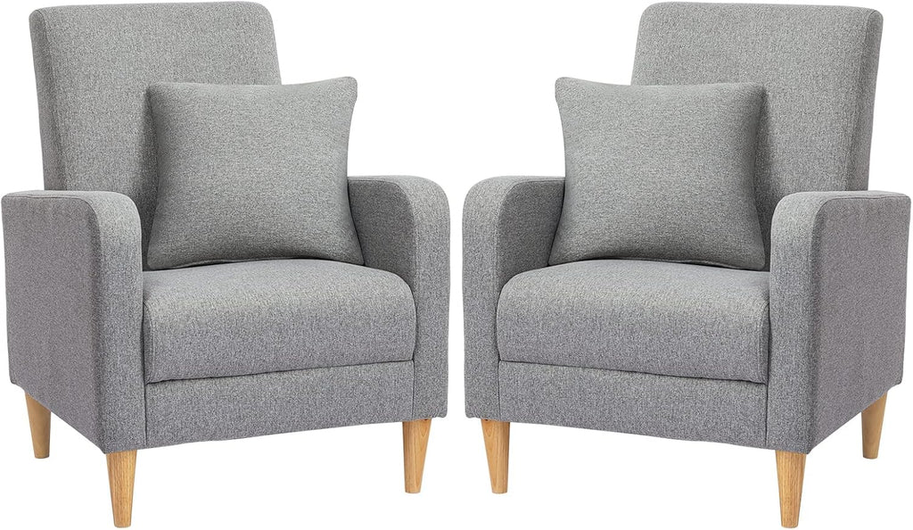 COLAMY Modern Accent Living Room Chairs Set of 2, Upholstered Fabric Armchair Reading Side Chair, Single Sofa with Back Pillow, Light Grey
