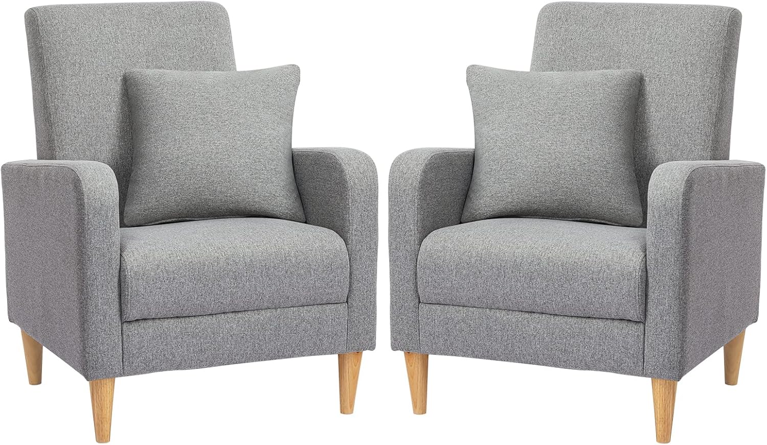 COLAMY Modern Accent Living Room Chairs Set of 2, Upholstered Fabric Armchair Reading Side Chair, Single Sofa with Back Pillow, Light Grey