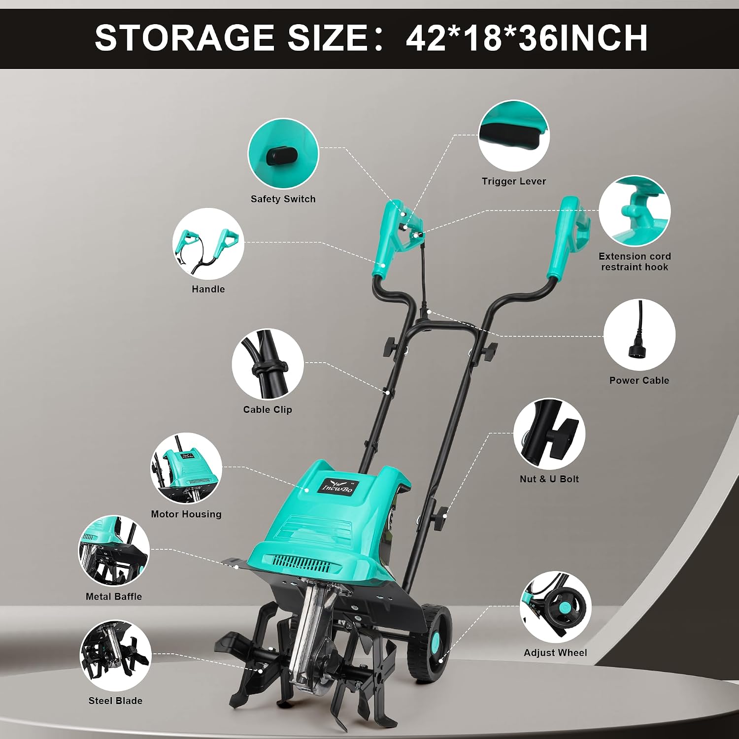 IncwBo 13.5 Amp 12 Inch Electric Tiller/Cultivator with 4 Steel Tines, 8'' Tilling Depth Small Garden Tiller for Gardening, Corded Rototiller with Adjustable Wheels