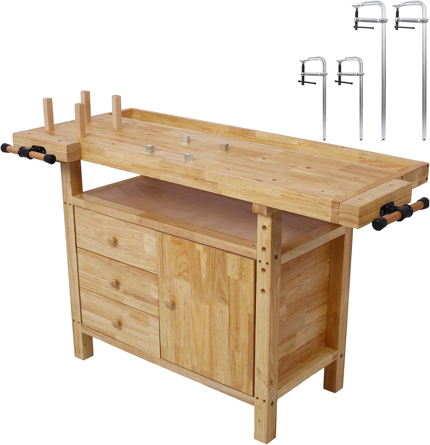 Tidyard Wood Workbench, Heavy-Duty Rubberwood Work Table with Bar Clamps Set 12 inch and 24 inch, Four Metal Pillars and Storage Drawers for Garage Workshop Home DIY Projects