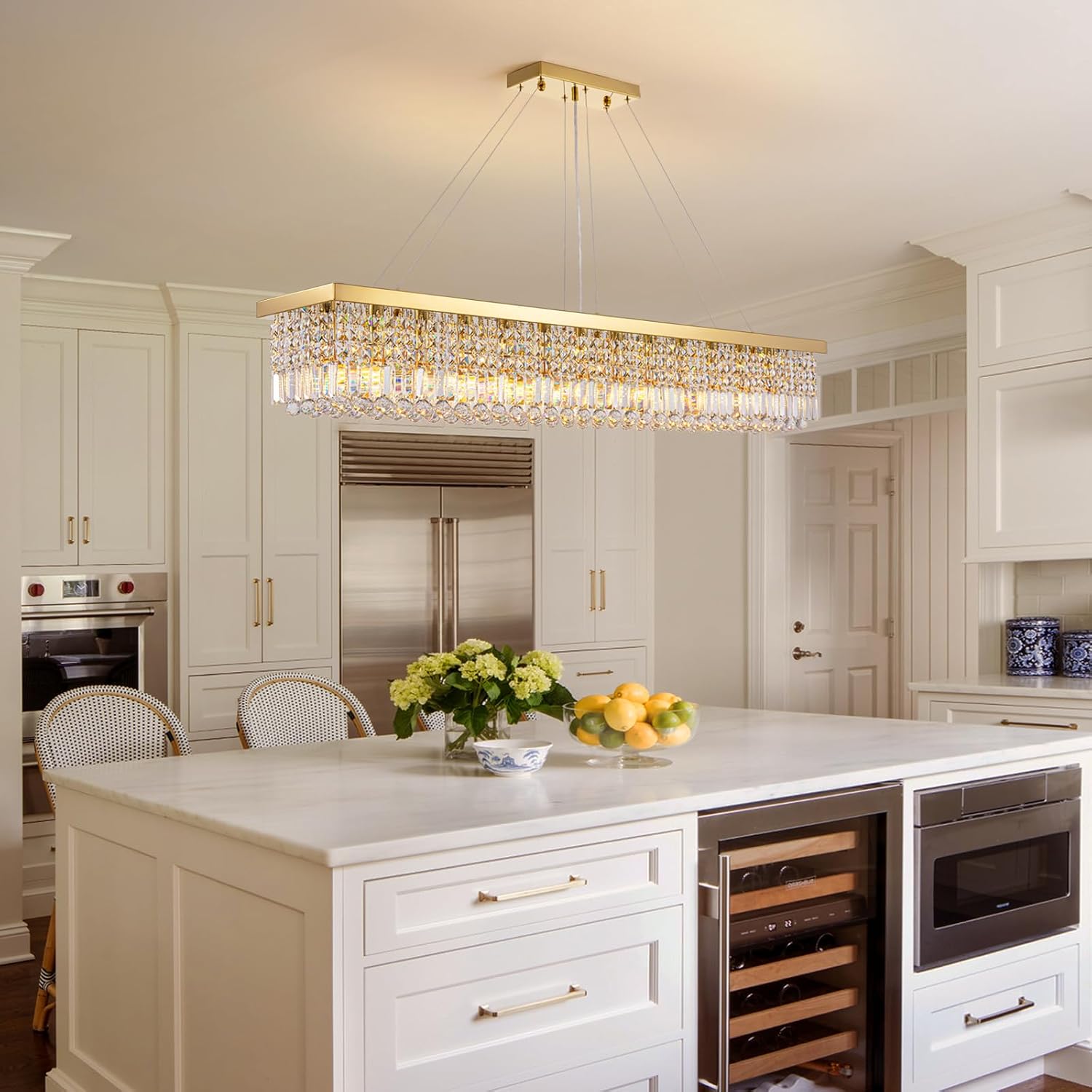 7PM Rectangle K9 Crystal Chandelier Modern Gold Crystal Chandelier Rectangular Pendant Lighting Fixture for Dining Room Kitchen Island Bedroom L59'' x W10'' x H9''
