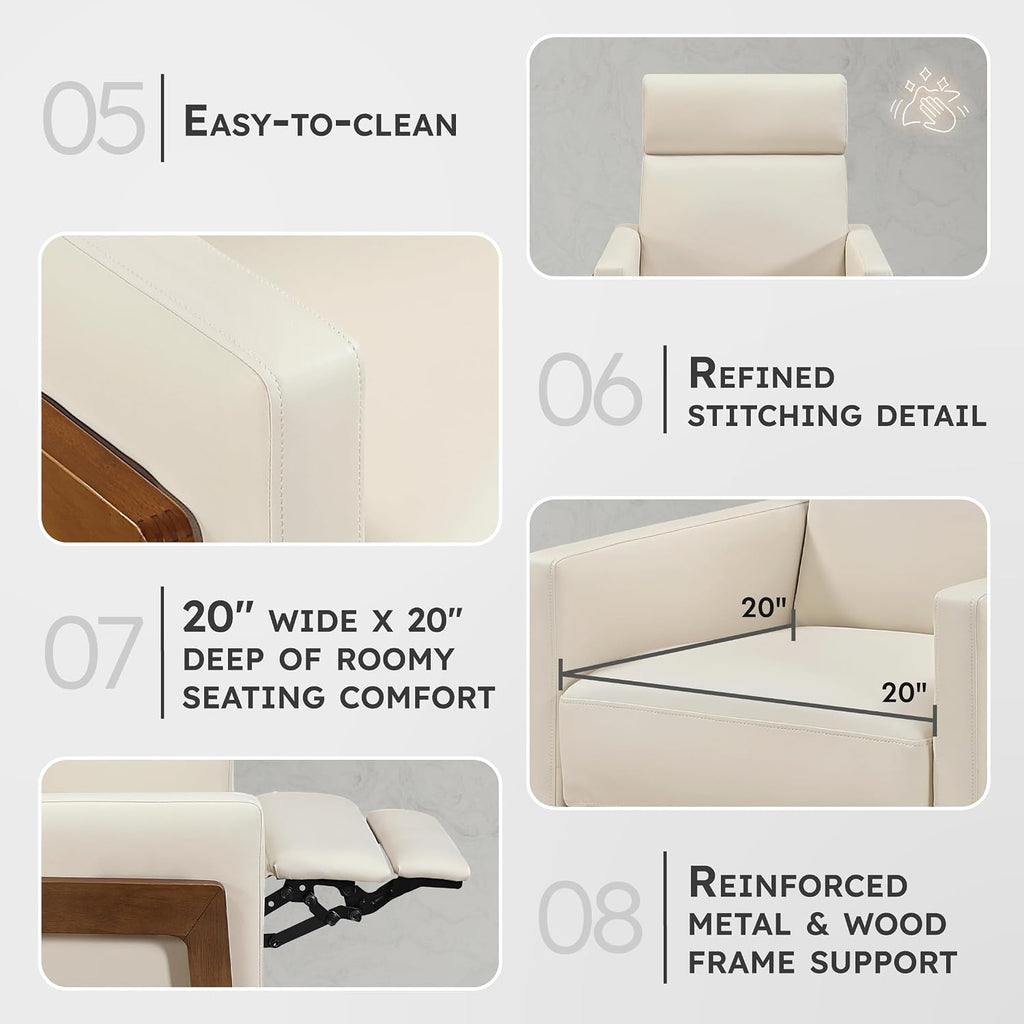 Lexicon Push Back Recliner Chair, Faux Leather Upholstered Reclining Chair with Footrest, Exposed Dark Brown Finish Wood Frame, Small Recliner for Small Space, Living Room, Bedroom, Light Beige