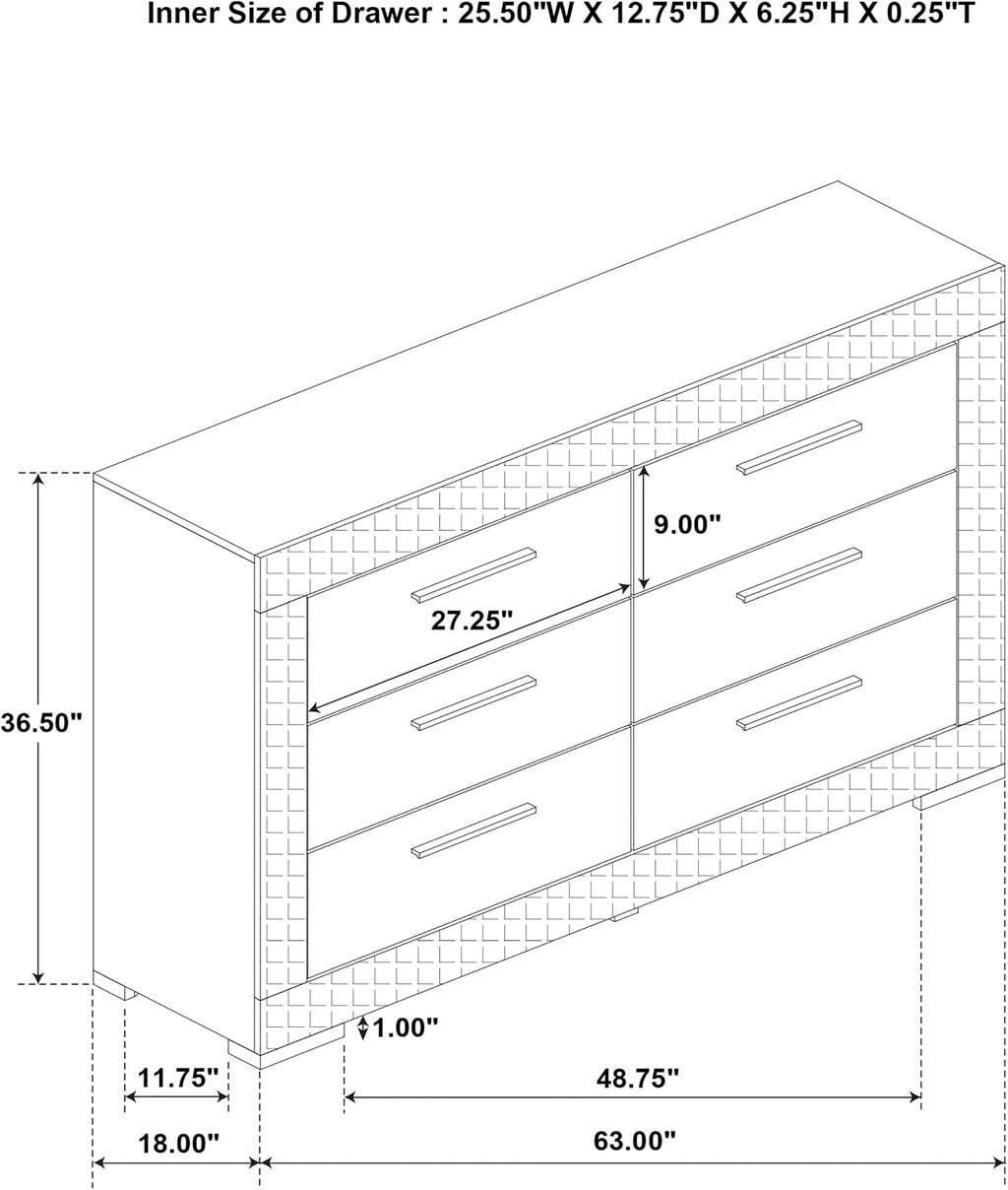 Coaster Home Furnishings - Ives - Wood - 6-Drawer Dresser with Contemporary Style, Tile Emboss, Felt-Lined Top, Metal Handles, Metal Extension Glides - Bedroom - Grey High Gloss - 224973