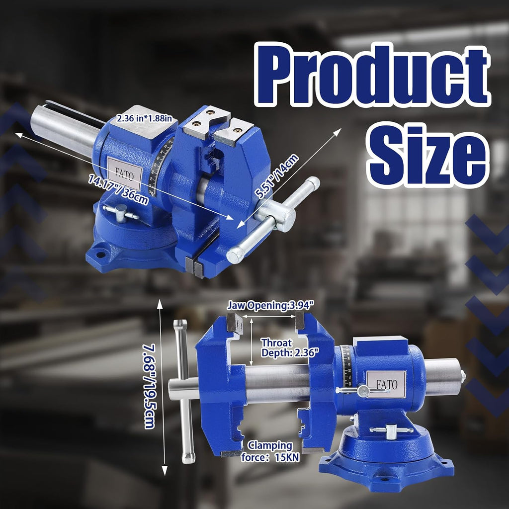 FATO 5 Inch Bench Vise Heavy Duty – Ductile Iron Workbench Vise with 360° Swivel Base & Anvil, 8800 Lbs Clamping Force, 4.92' Jaw Width, 3.94' Opening, for Woodworking, Metalworking, Garage DIY, Blue